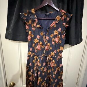 PAIGE Navy Floral Ruffle-Sleeve Midi Dress